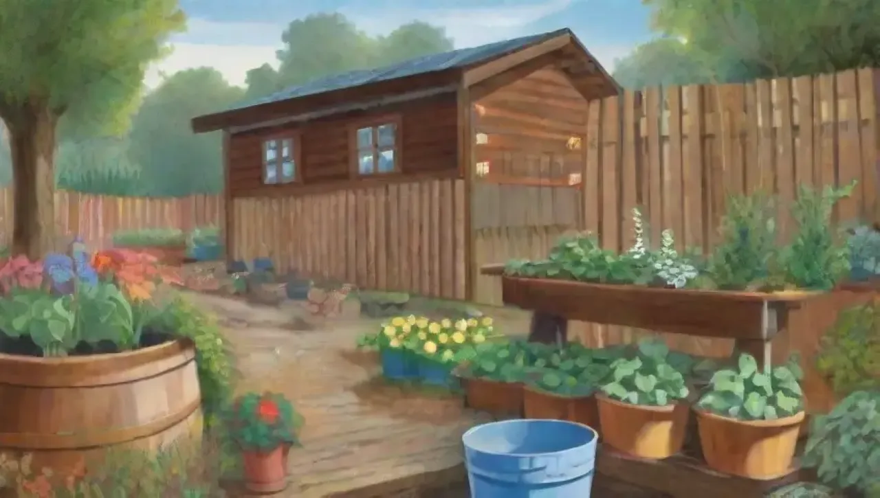Un jardín vibrante y sereno con hojas verdes, flores coloridas y herramientas de jardinería