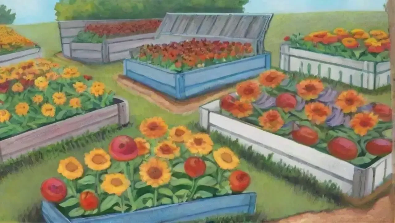 Un jardín vibrante lleno de flores, frutas y niños jugando