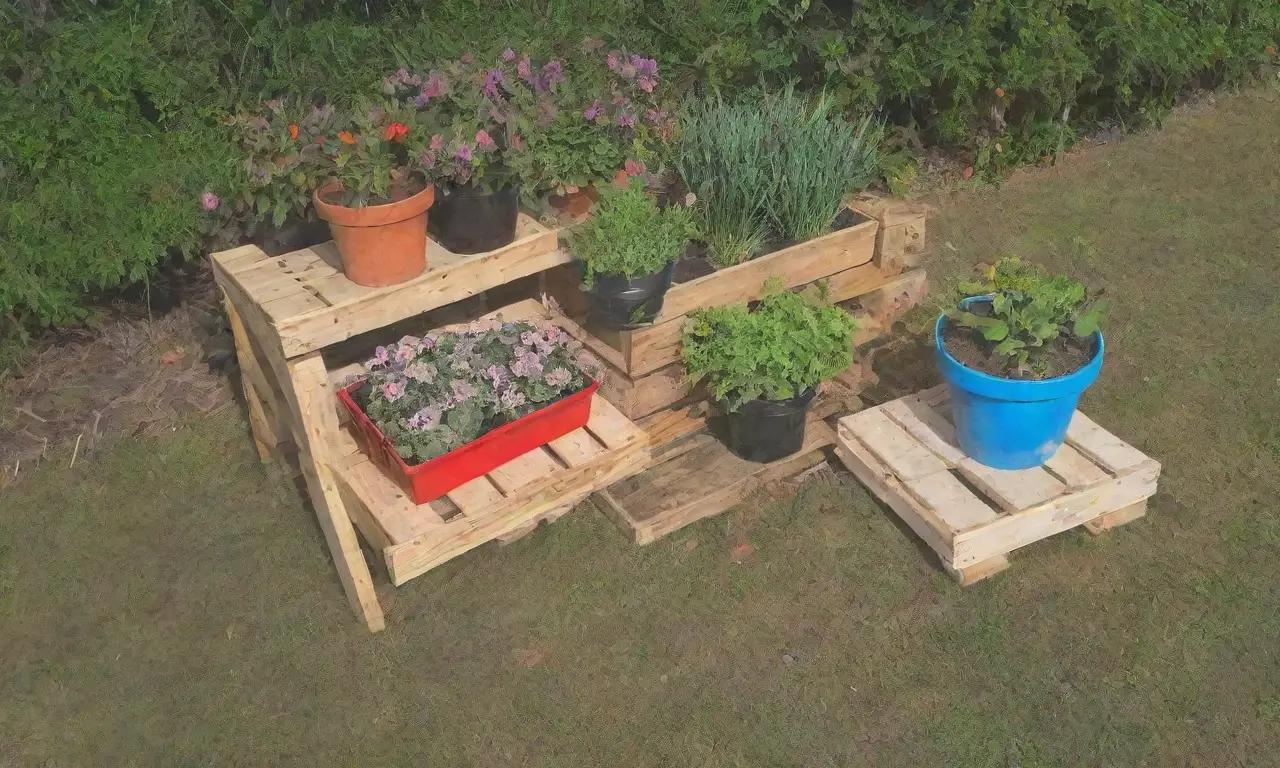 Pallets de madera ordenados con plantas vibrantes y herramientas de jardinería eco-amigables