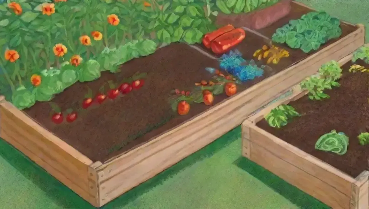 Un jardín vibrante y sostenible lleno de vida y cosechas abundantes