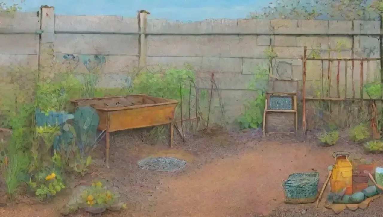 Un jardín vibrante y descuidado, lleno de plantas enredadas y signos de abandono