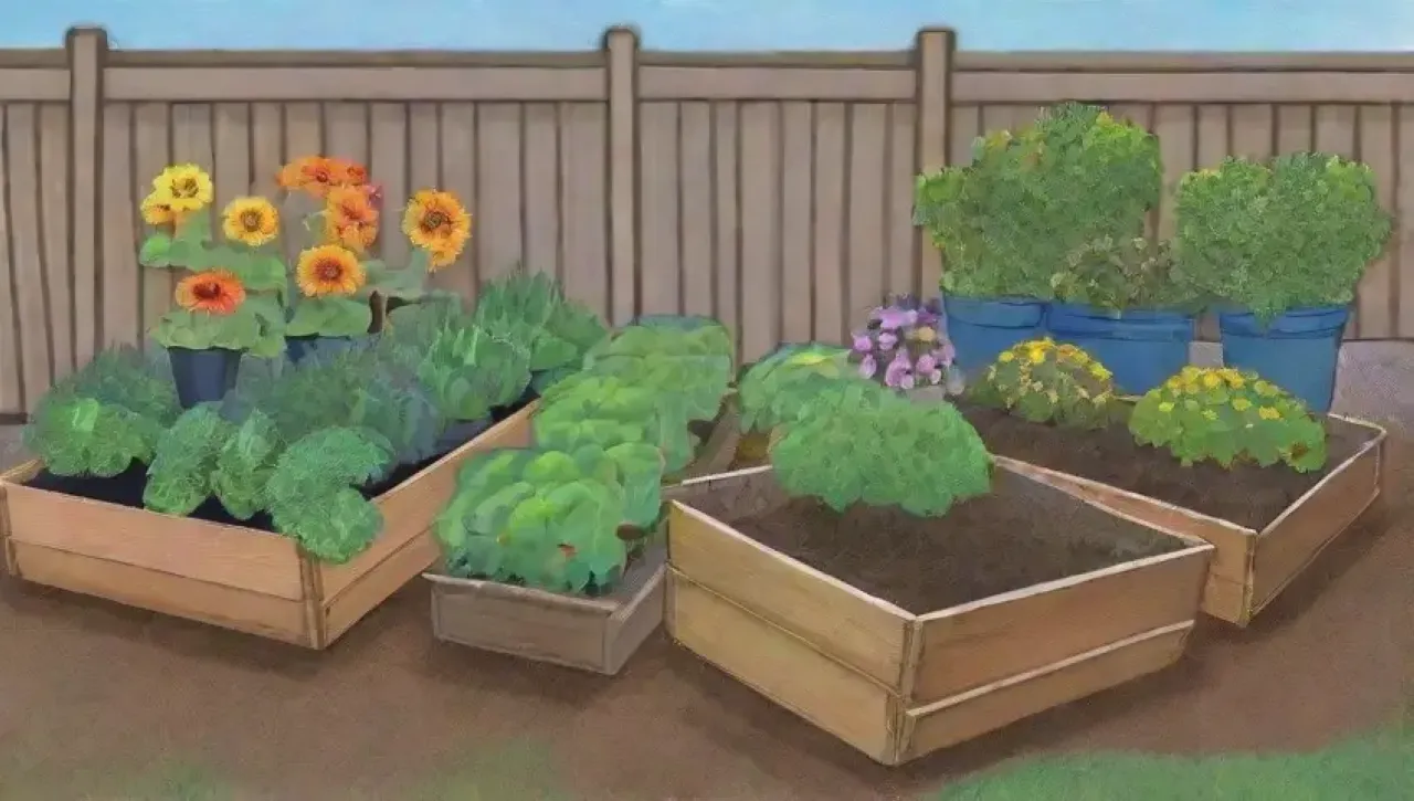 Un jardín vibrante y lleno de vida, donde la familia trabaja unida con esperanza