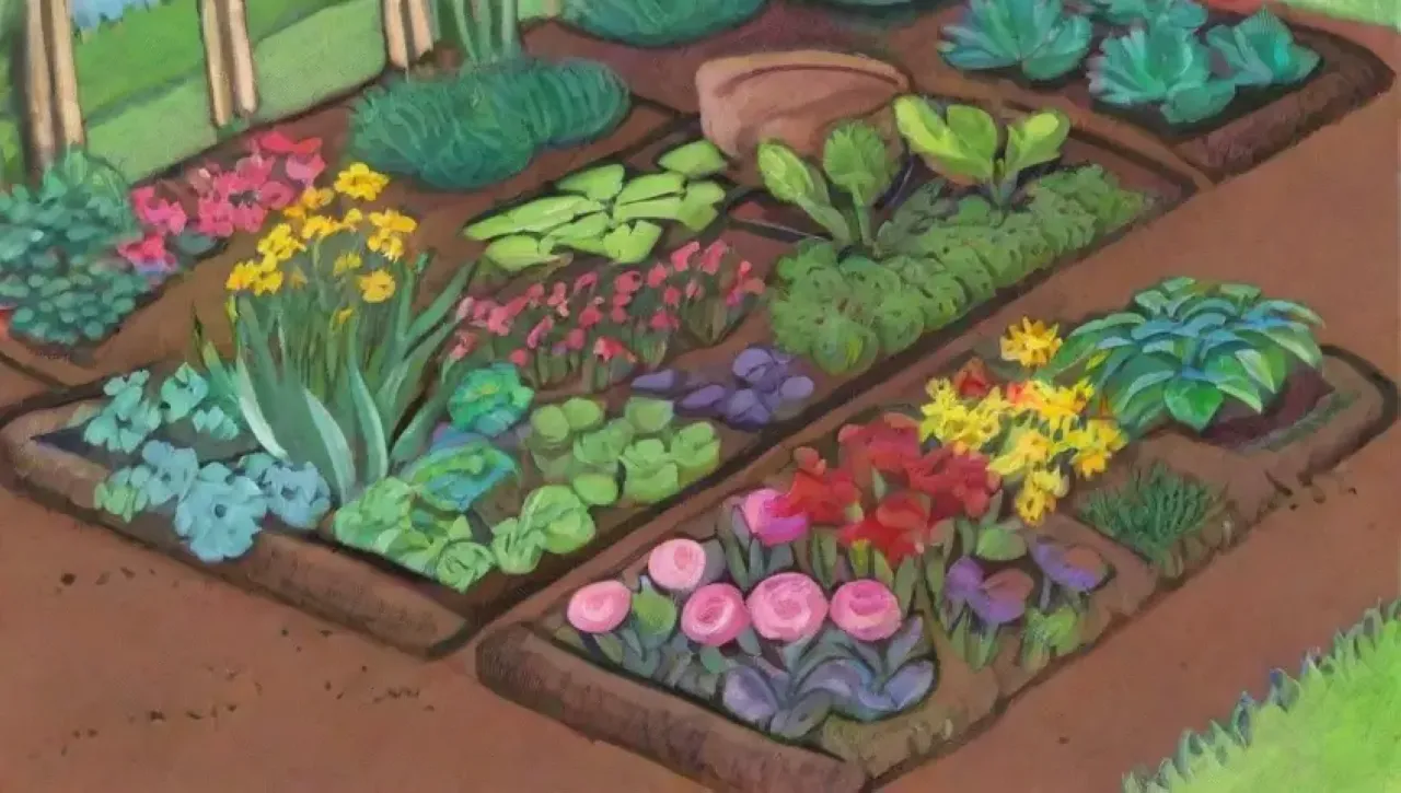 Un jardín vibrante y diverso con flores, vegetales y vida en armonía