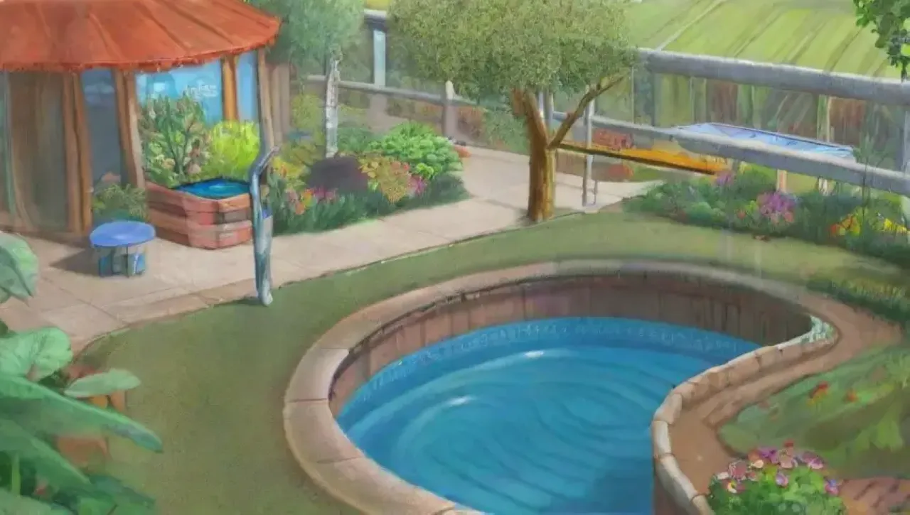 Un paisaje vibrante con jardines comunitarios, paneles solares y agua fluyendo