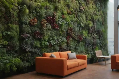 Diseño urbano sostenible con jardines verticales y muebles integrados