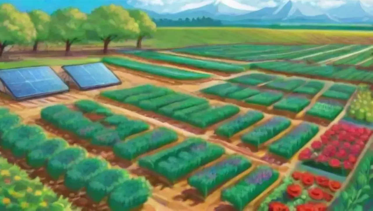 Un paisaje agrícola vibrante con tecnología que armoniza con la naturaleza