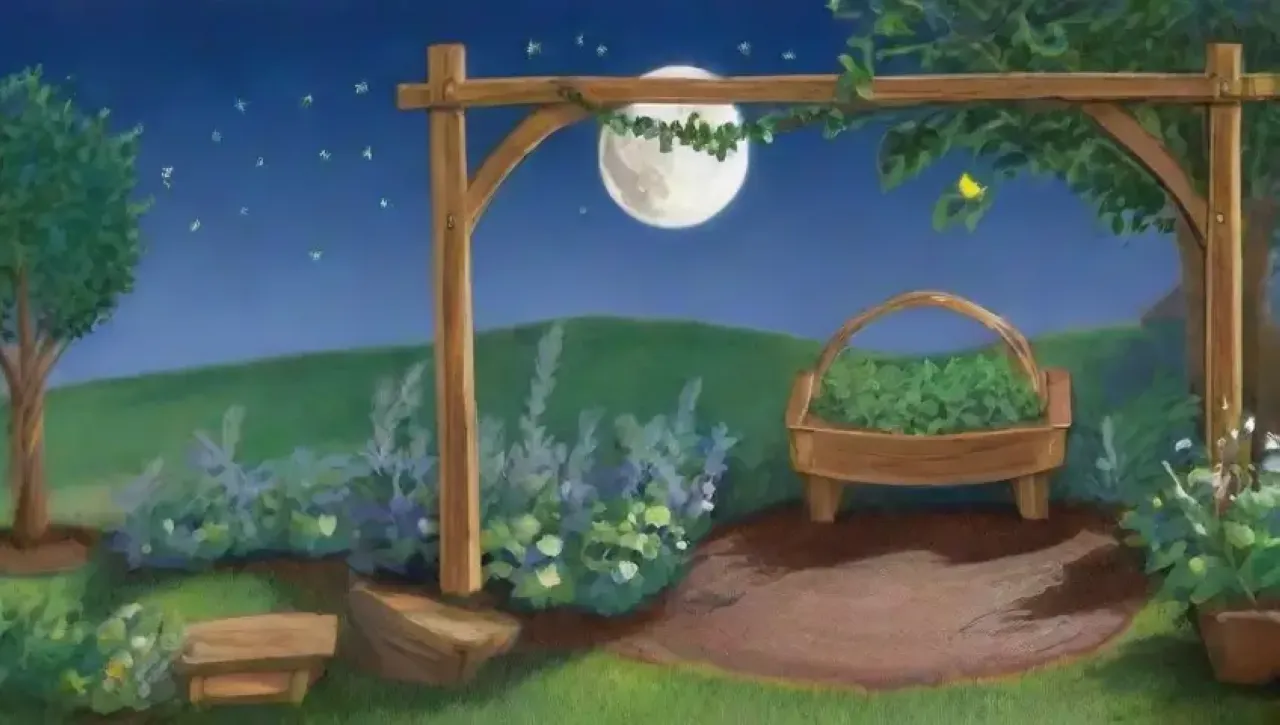 Un jardín sereno bajo la suave luz de la luna, lleno de plantas, flores y un ambiente acogedor