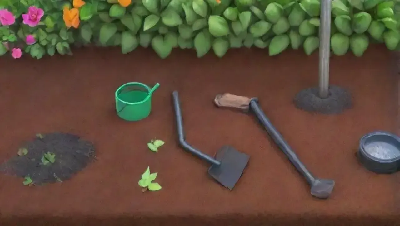Un jardín vibrante con plantas verdes, herramientas ordenadas y un ambiente de anticipación