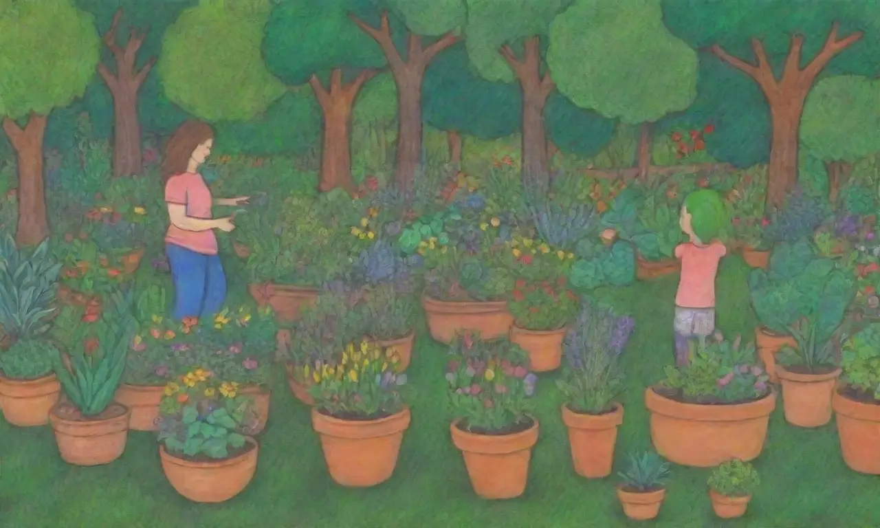 Verdes vivos y flores vibrantes simbolizan la conexión comunitaria y el bienestar emocional