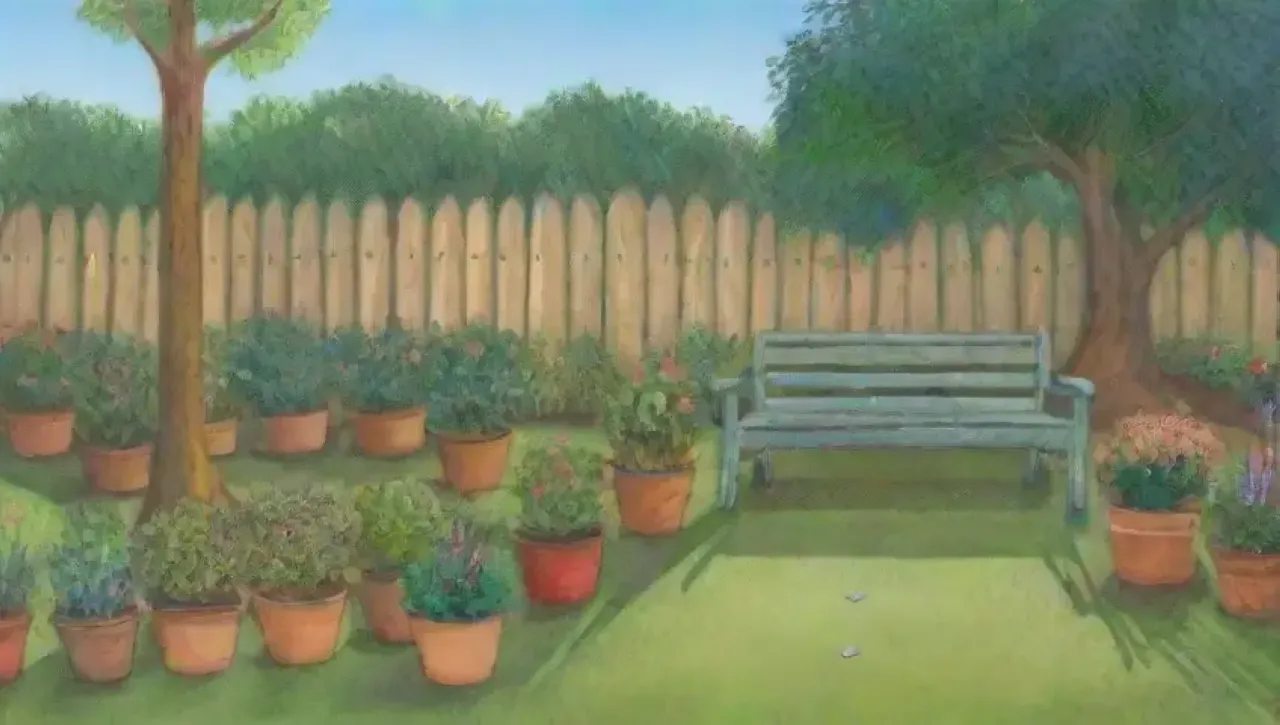 Un jardín vibrante con frutas, flores, agua y vida