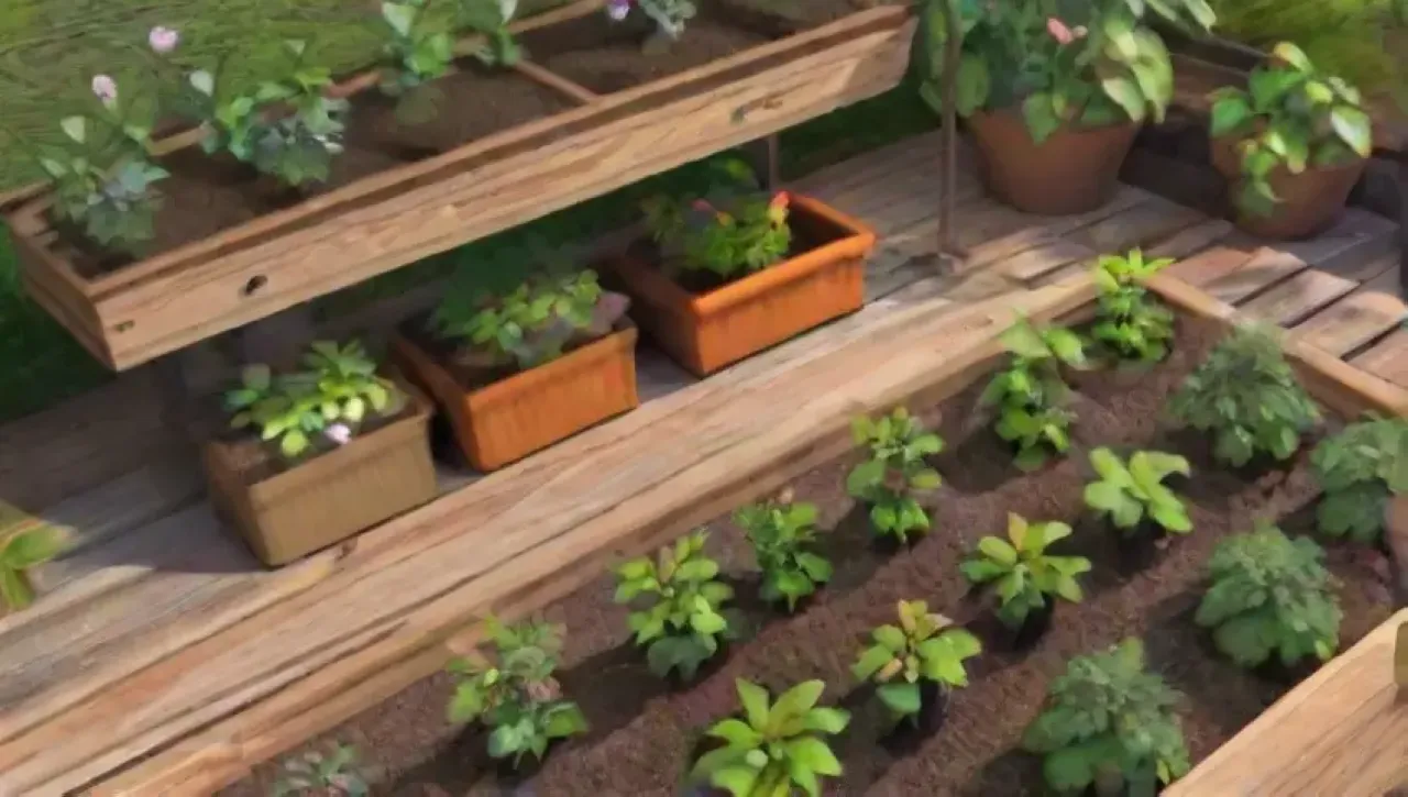 Un jardín urbano vibrante con plantas, herramientas, sensores y un espacio acogedor