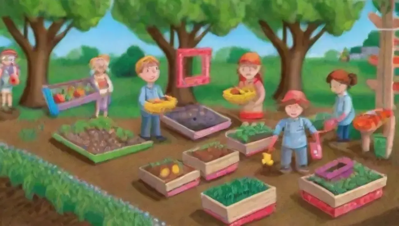 Un vibrante jardín comunitario lleno de vida, risas y colaboración