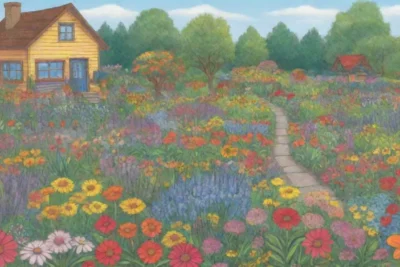 Jardín soleado y diverso con flores brillantes y plantas nativas que atraen polinizadores