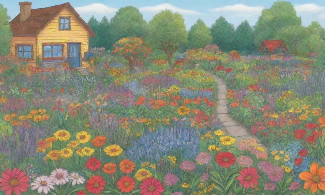 Jardín soleado y diverso con flores brillantes y plantas nativas que atraen polinizadores