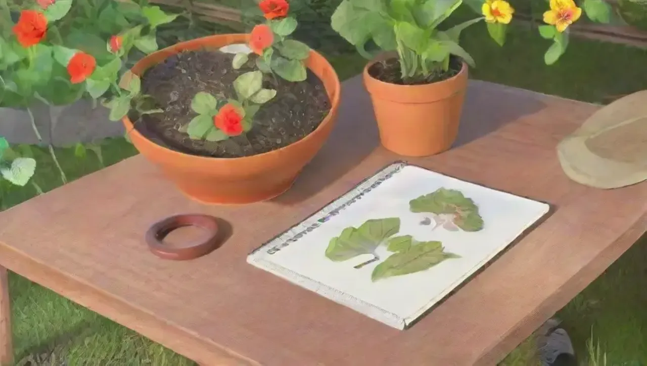 Un jardín vibrante con herramientas de injerto y un ambiente sereno