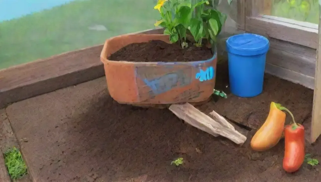 Un jardín soleado con compost, hojas, frutas, herramientas y un gato curioso