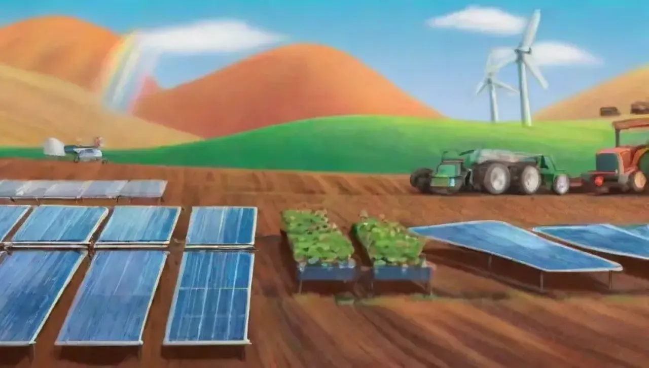 Un paisaje agrícola sostenible y vibrante, donde tecnología y naturaleza conviven en armonía