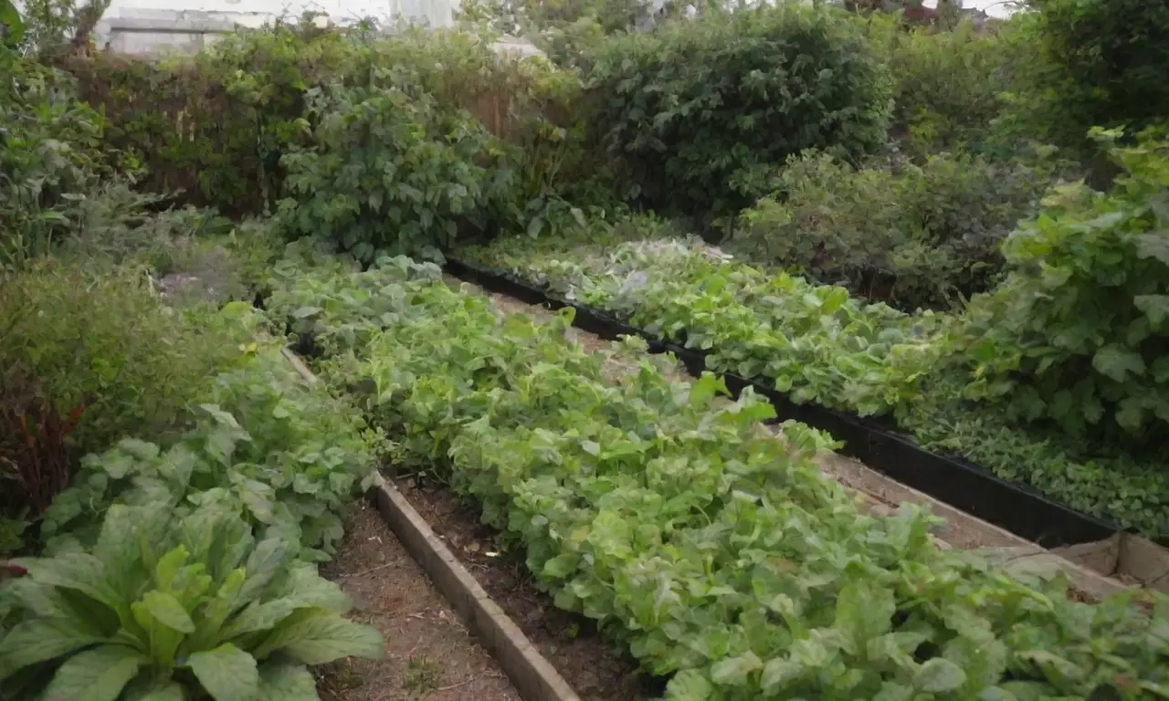 Un pequeño jardín urbano con plantas verdes y vegetales vibrantes fomenta la sostenibilidad y la biodiversidad