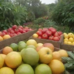 Jardín vibrante con frutas frescas y herramientas sostenibles