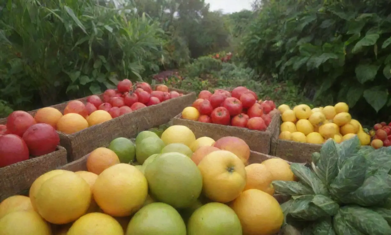 Jardín vibrante con frutas frescas y herramientas sostenibles