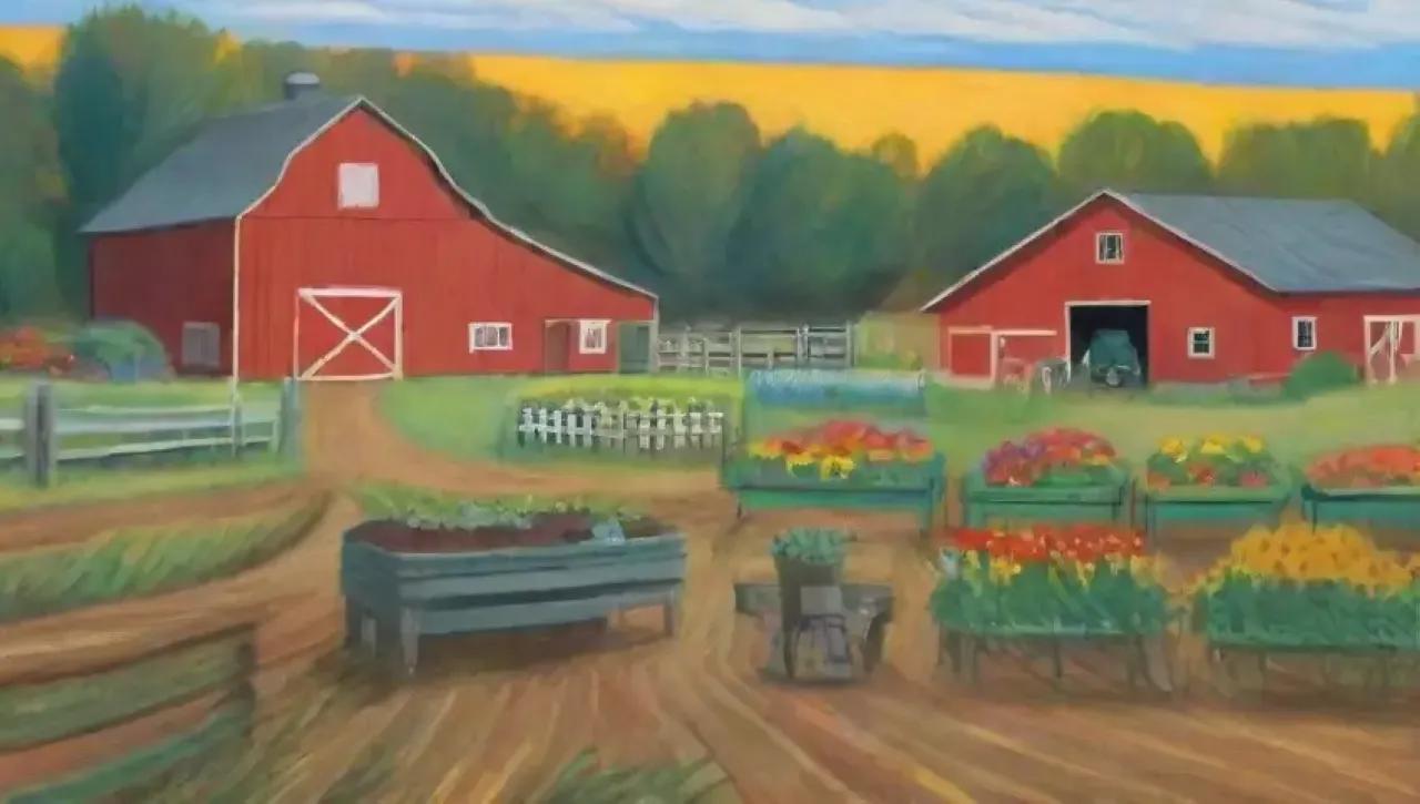 Un paisaje agrícola vibrante y armonioso, lleno de vida y comunidad