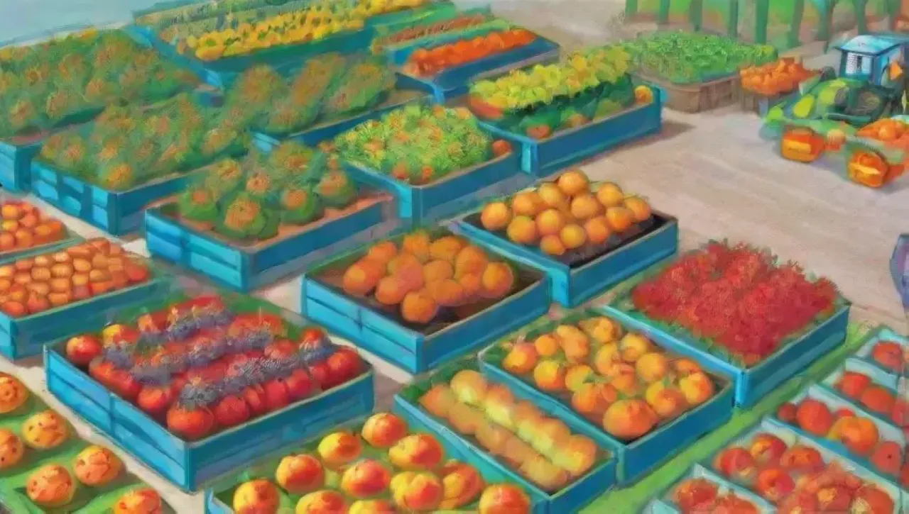 Un vibrante paisaje agrícola lleno de frutas, flores, herramientas y trabajadores enfocados