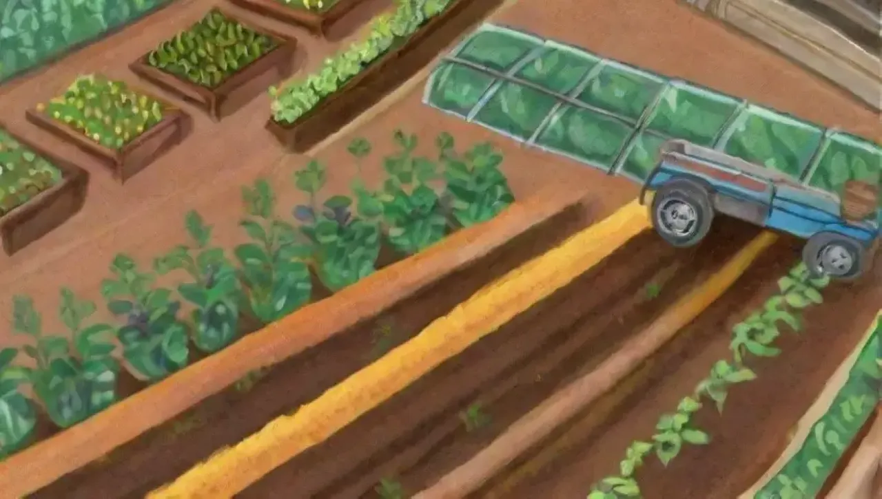 Un paisaje agrícola vibrante con campos verdes, flores amarillas y la promesa de una abundante cosecha