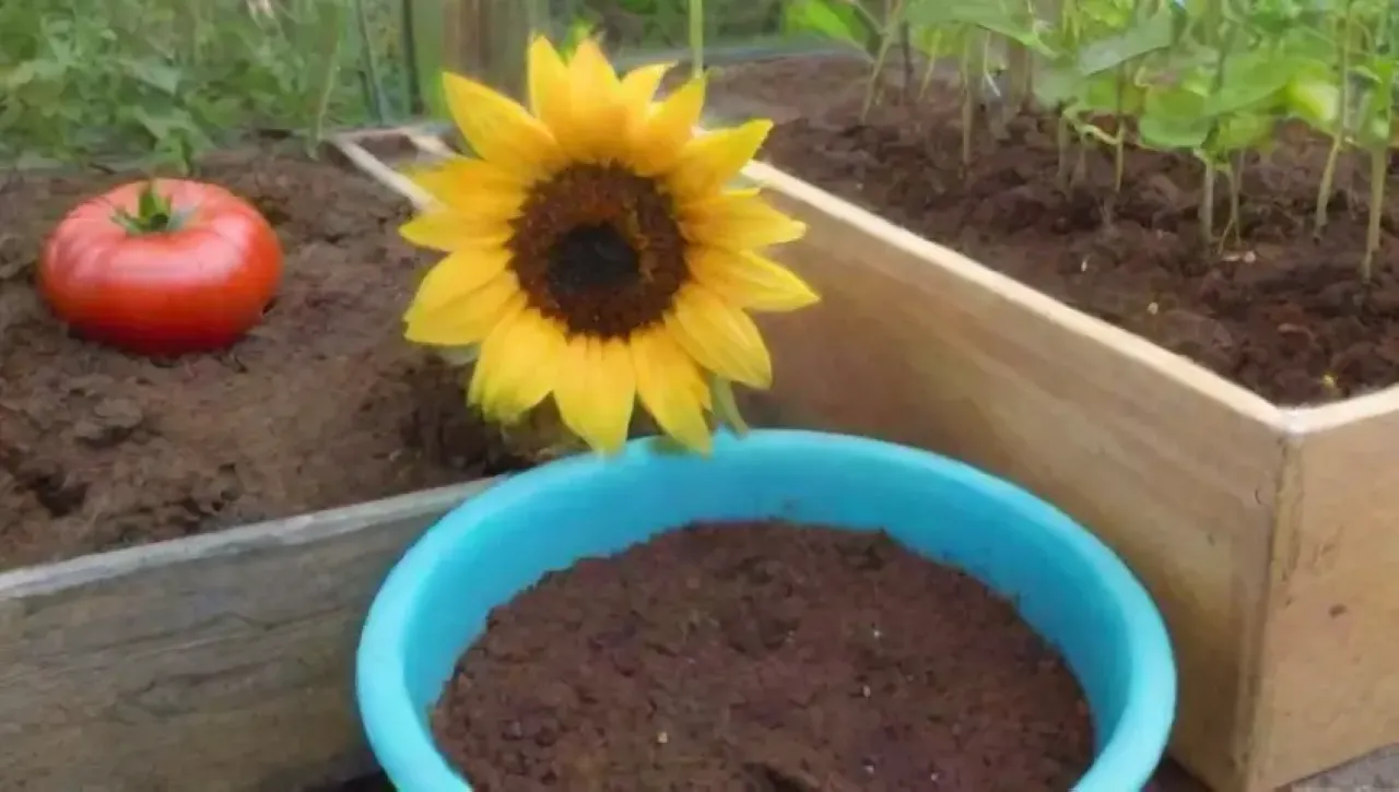 Un jardín vibrante con vegetales coloridos, herramientas y suelo fértil bajo un cielo azul
