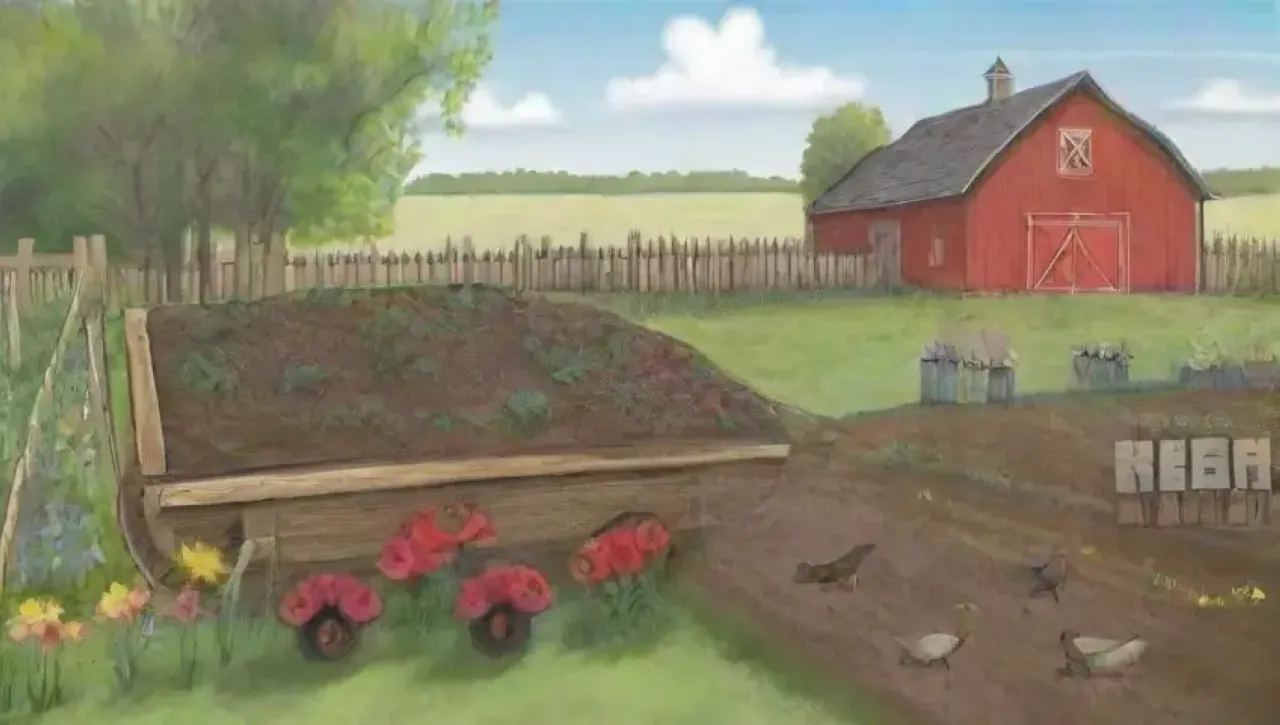 Un paisaje vibrante con un agricultor trabajando la tierra rodeado de flores, herramientas y naturaleza