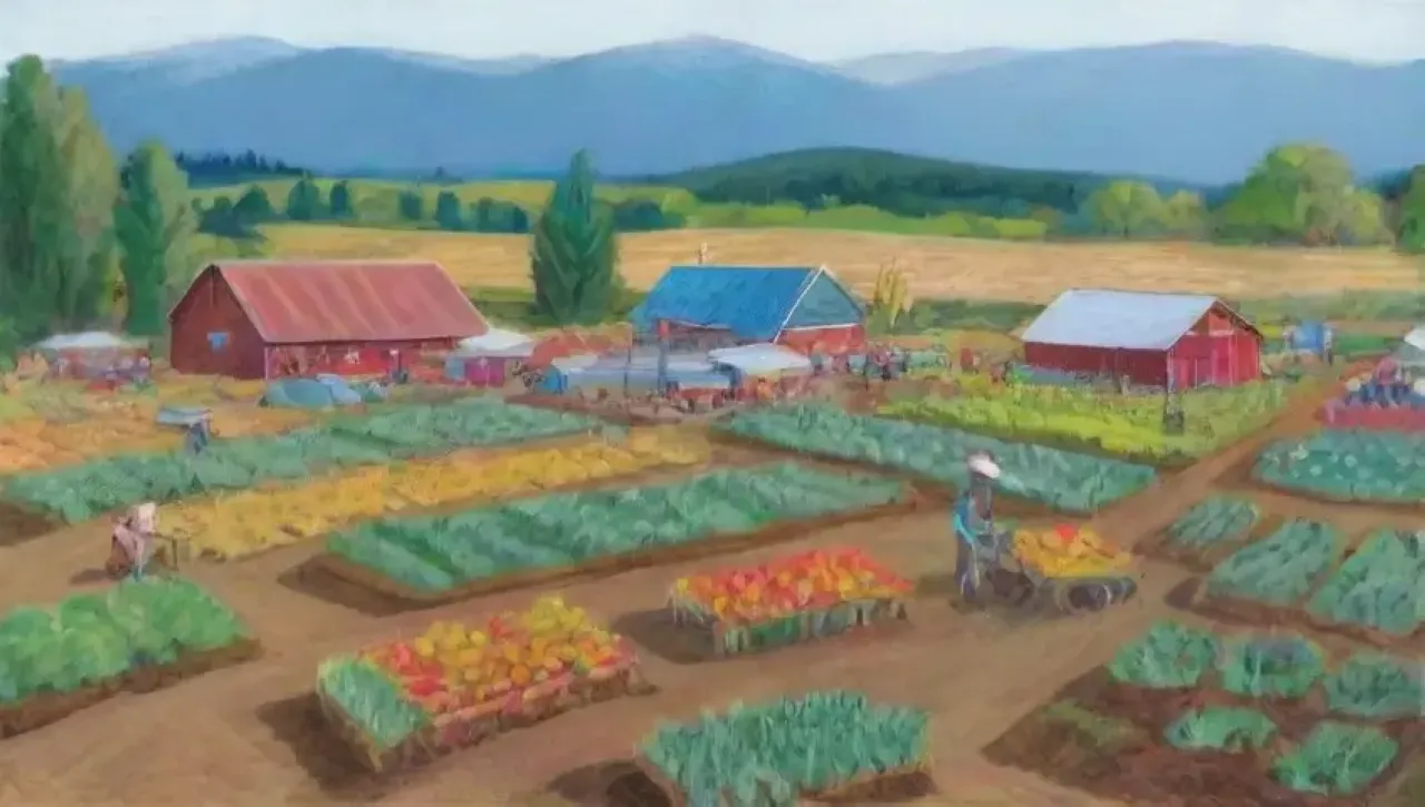 Campos verdes vibrantes con cultivos, tecnología, y comunidad agrícola en acción