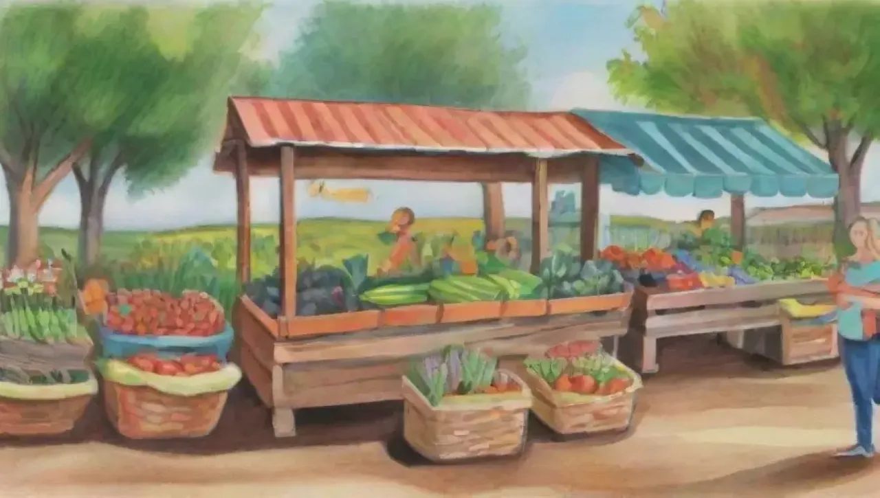 Un mercado agrícola vibrante y comunitario lleno de colores, risas y productos frescos