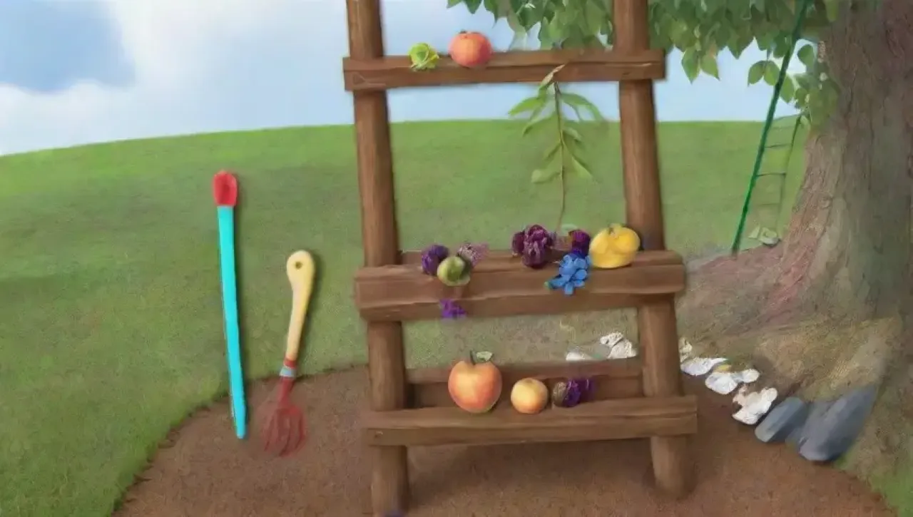Un jardín vibrante con frutas, flores y herramientas, reflejando el ciclo de las estaciones