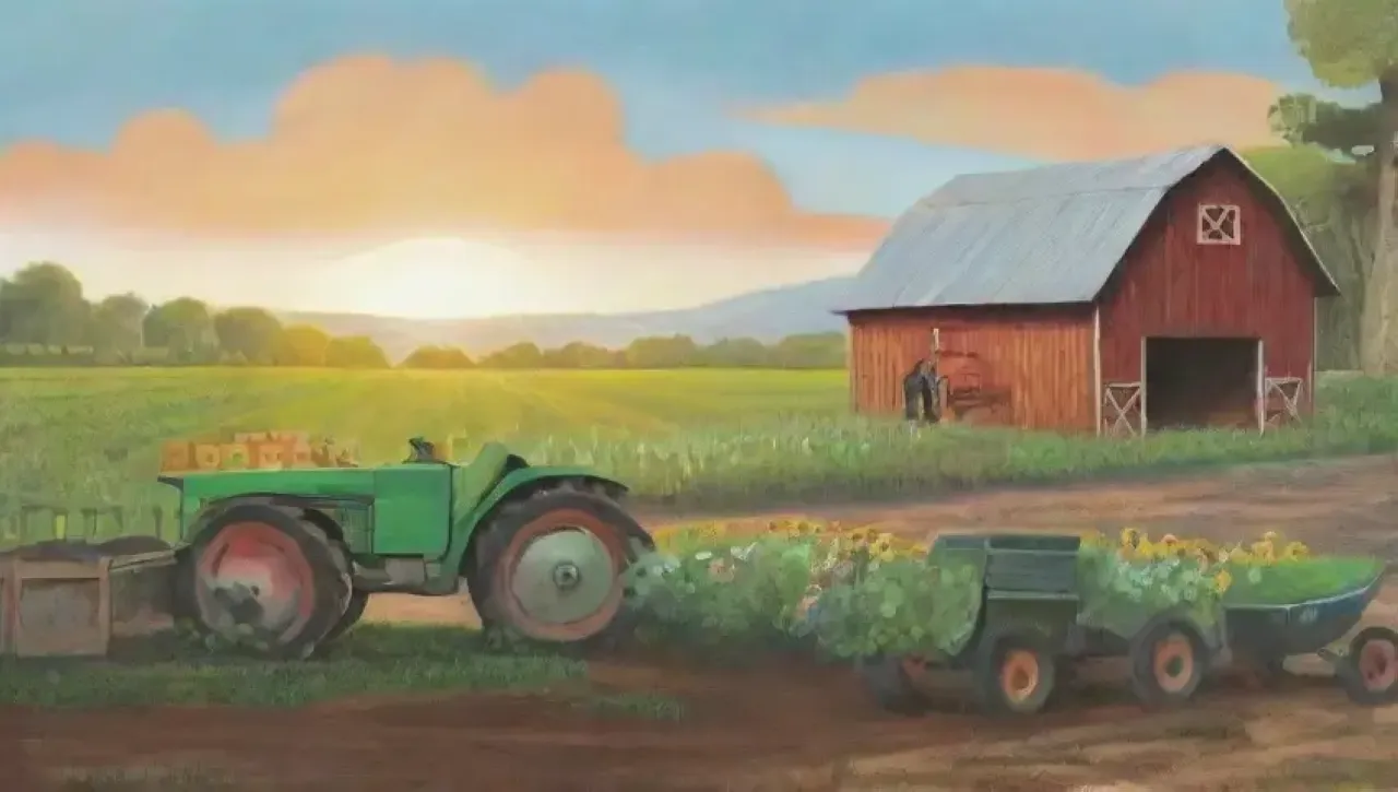 Un paisaje agrícola vibrante con un tractor, herramientas organizadas y un agricultor revisando maquinaria bajo un cielo azul