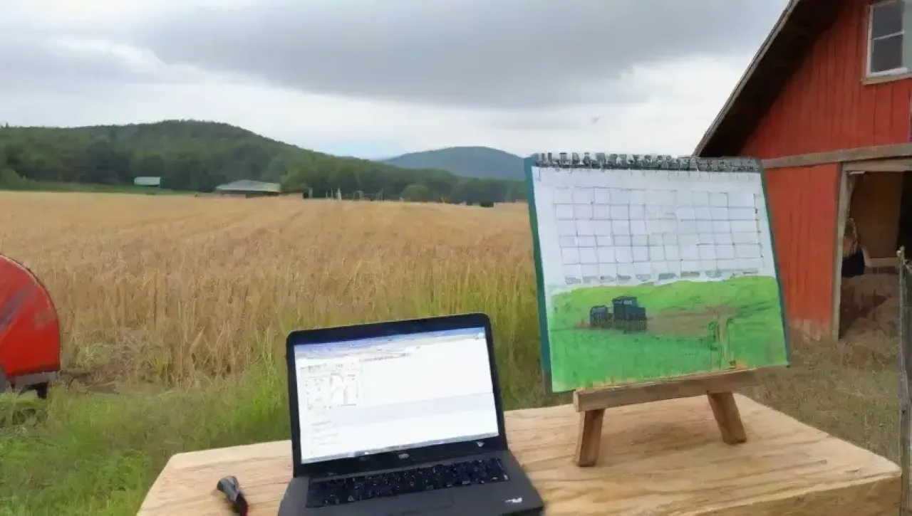 Un agricultor organizado y diligente trabaja en un vibrante campo con herramientas y tareas bien definidas