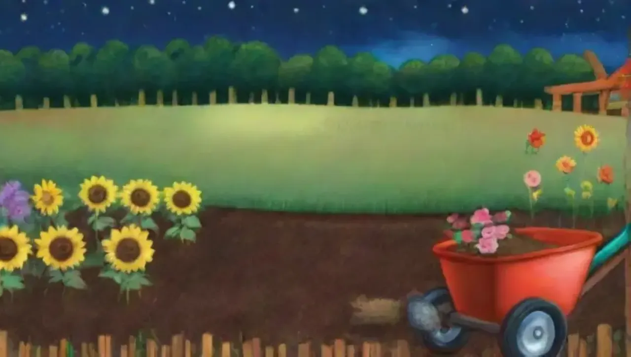 Un paisaje rural sereno con luna llena, campos verdes y el ciclo de la naturaleza en armonía