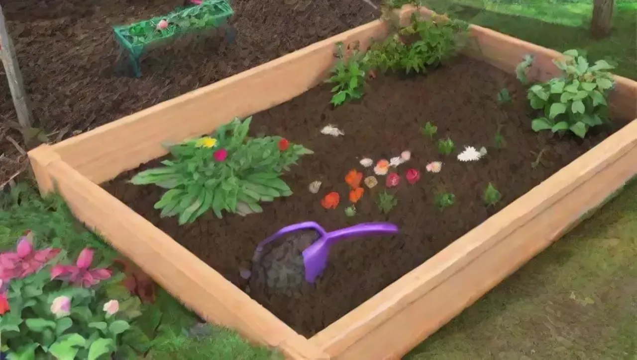 Un jardín vibrante y lleno de vida con flores, hierbas, insectos y herramientas de jardinería