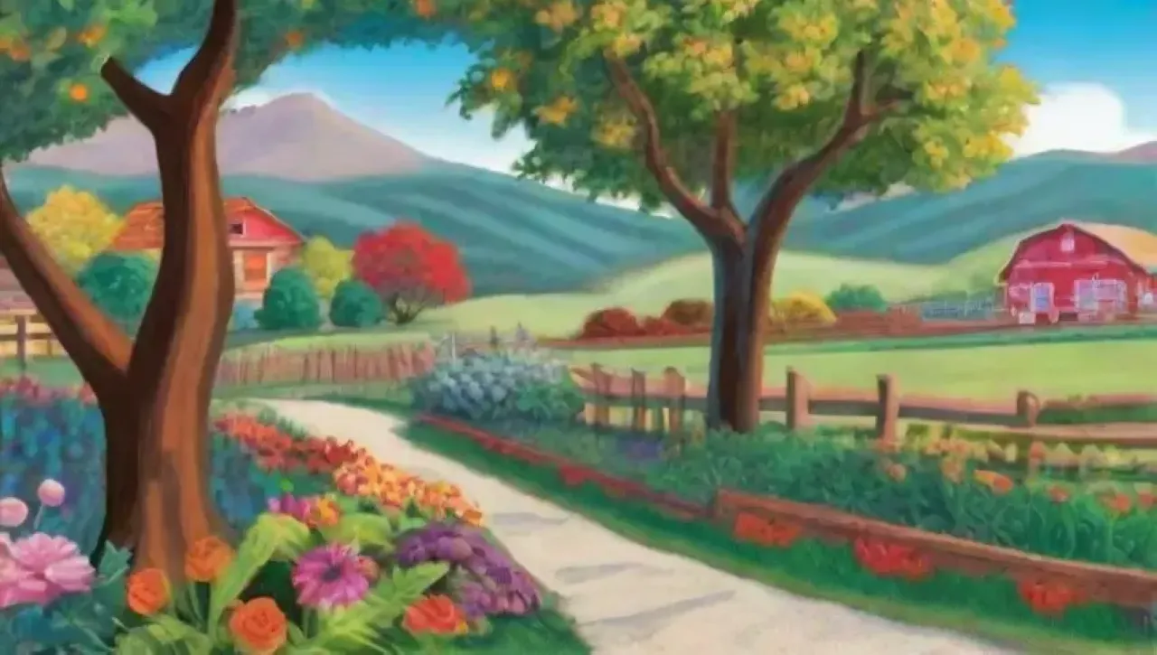 Un paisaje vibrante de naturaleza y cultura con hojas verdes, flores coloridas, herramientas de poda y montañas al fondo