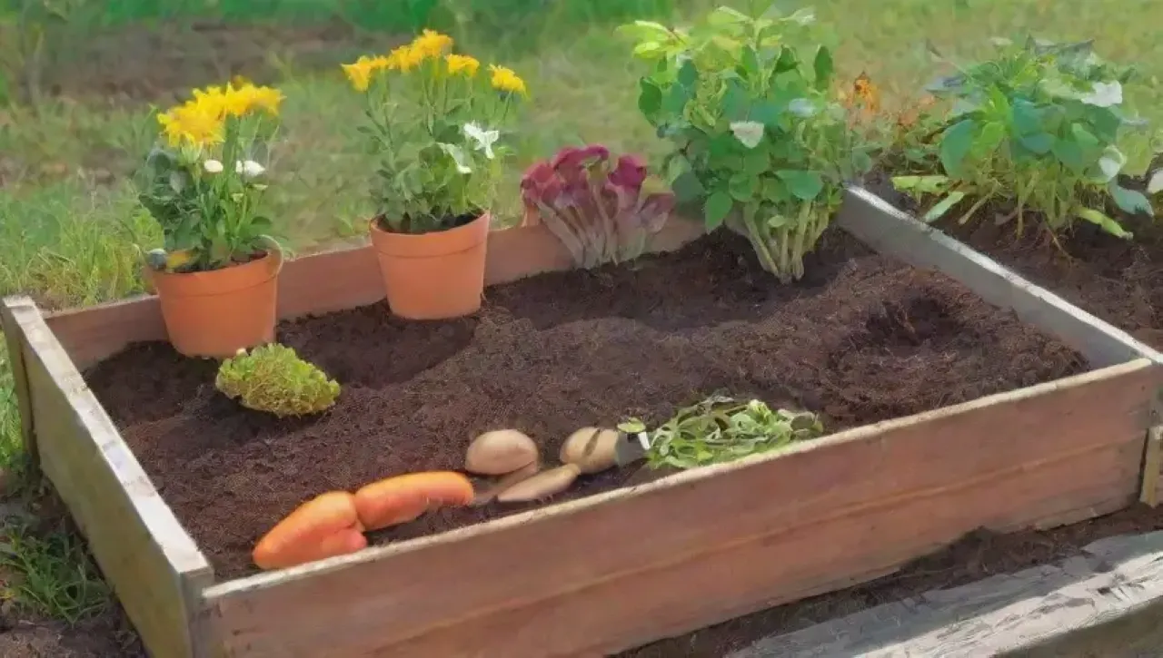 Un jardín vibrante con compostaje en acción y vida abundante