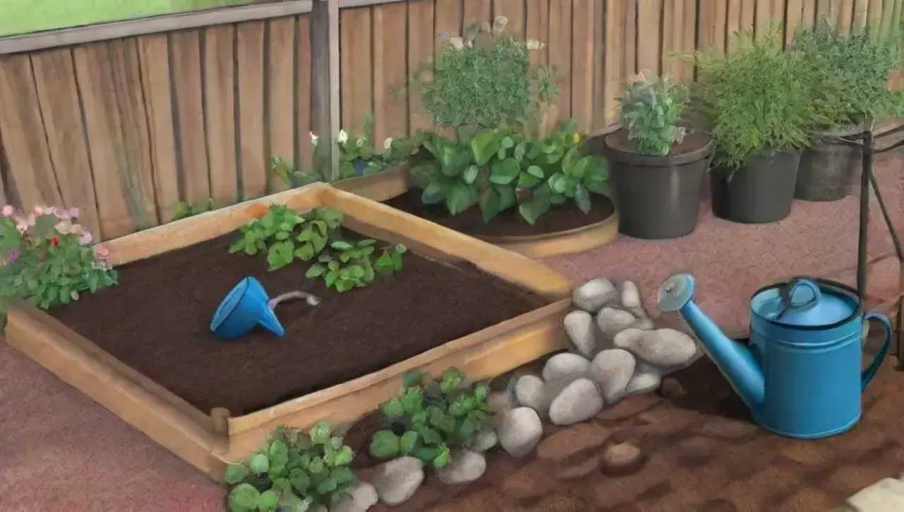 Un jardín vibrante con plantas, herramientas y un ambiente soleado