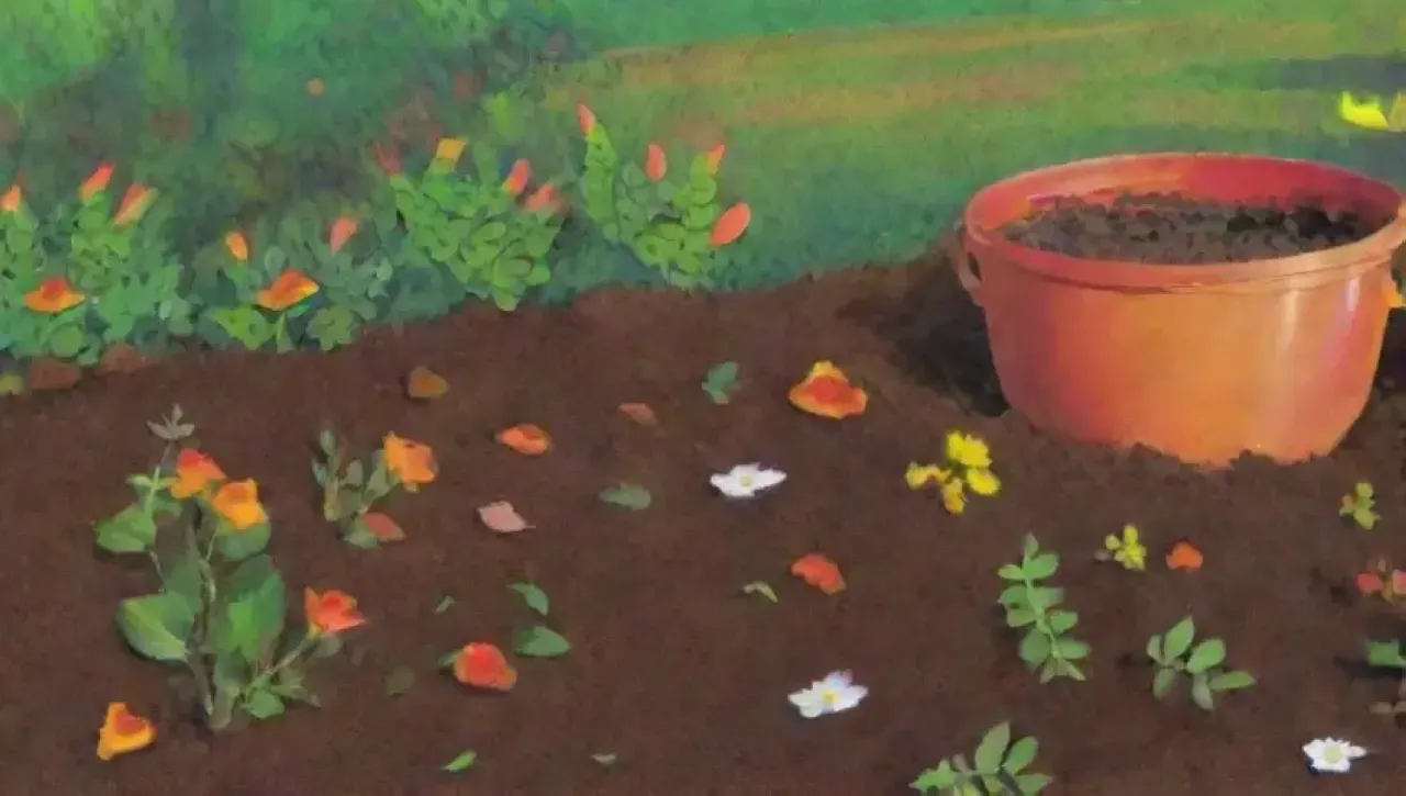 Un jardín vibrante con compost, hojas, vegetales, y vida en un entorno natural