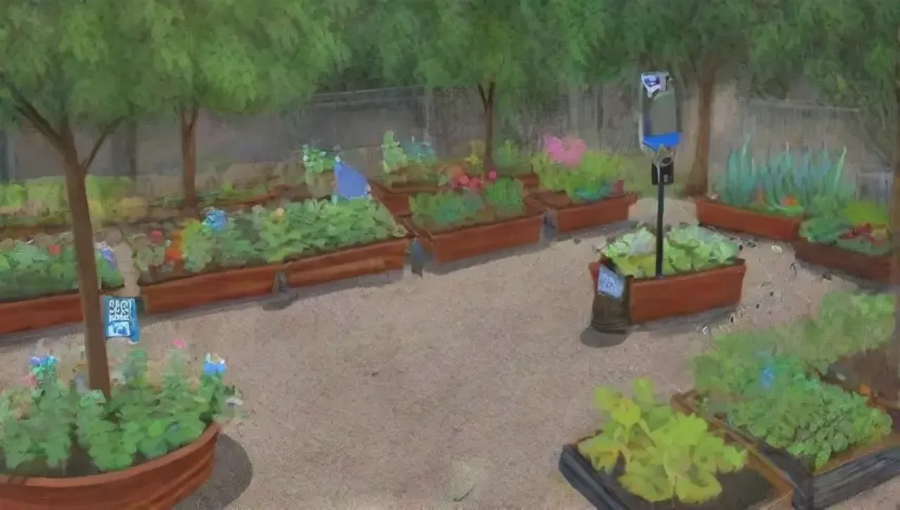 Un jardín vibrante y diverso con plantas, flores, insectos y herramientas, en armonía con la naturaleza y la comunidad