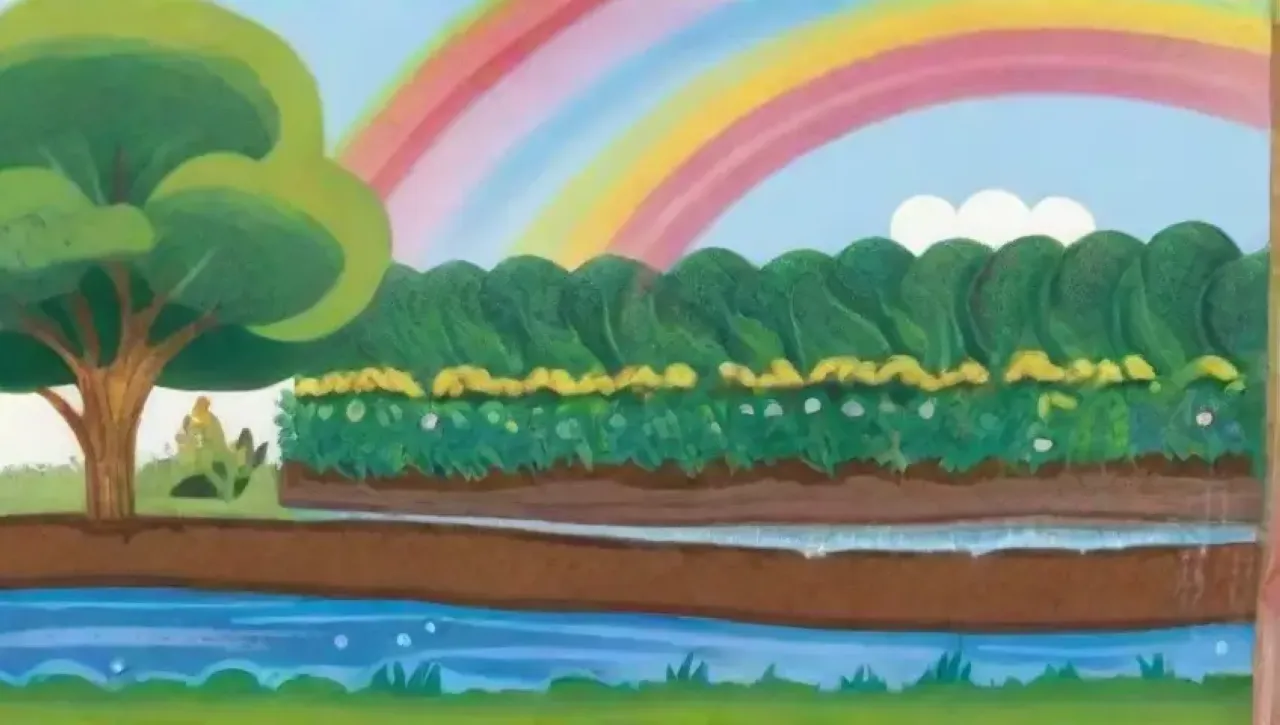 Campos verdes vibrantes con cultivos, agua, flores y vida en armonía