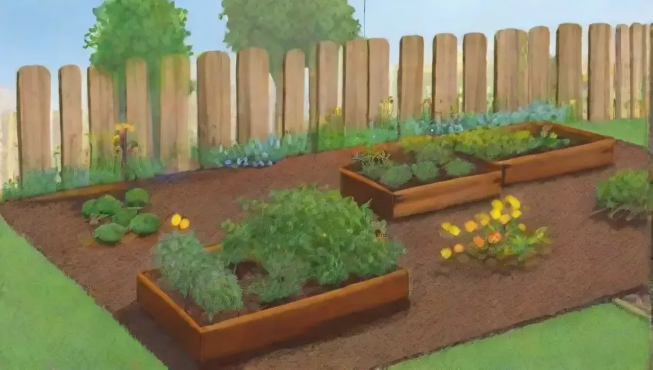 Un jardín urbano vibrante con plantas, flores y comunidad en medio del concreto