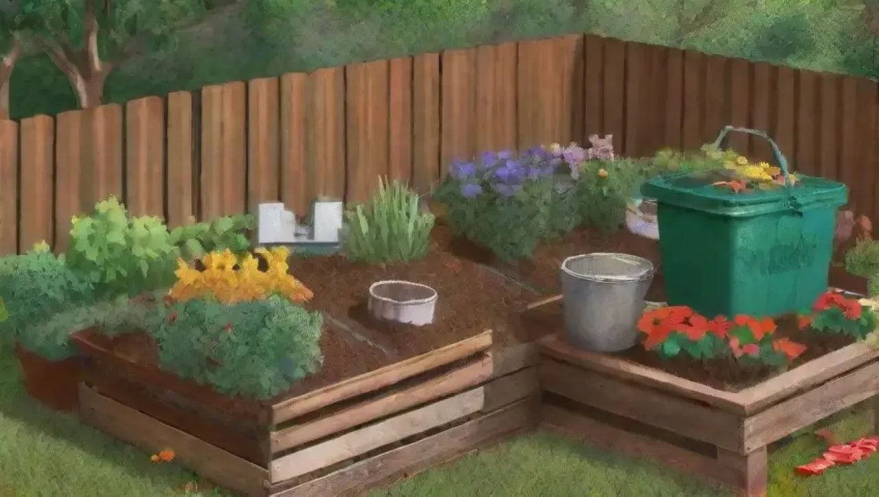 Un jardín vibrante y acogedor con compostaje, flores, herramientas y una familia trabajando felizmente