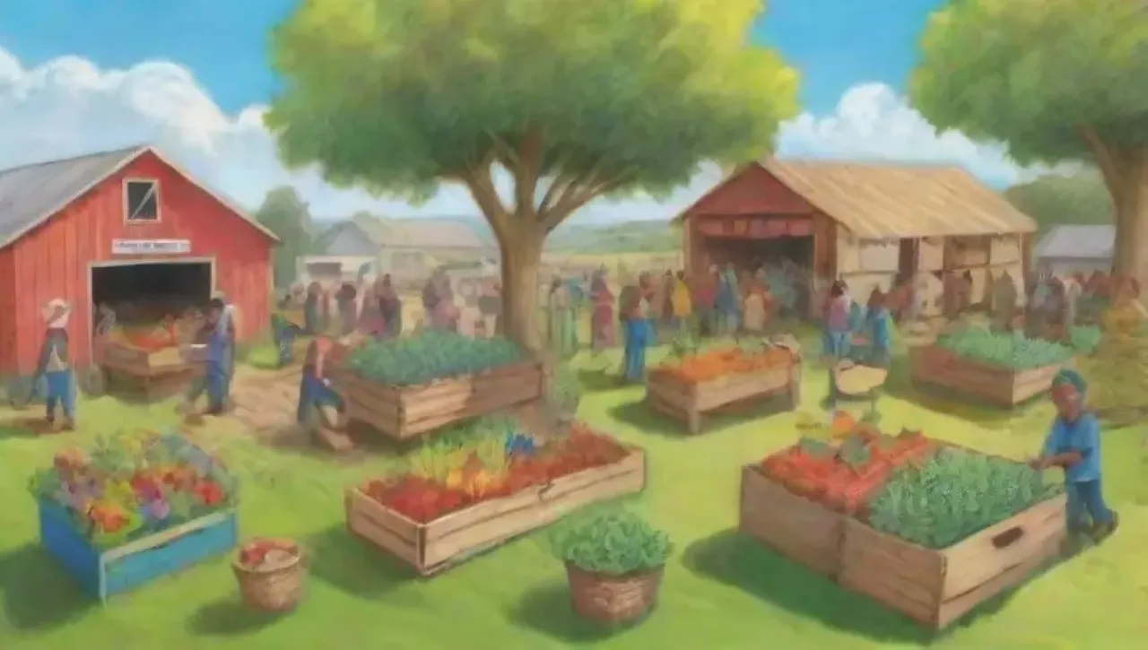Un vibrante campo comunitario lleno de cosechas, risas y unidad