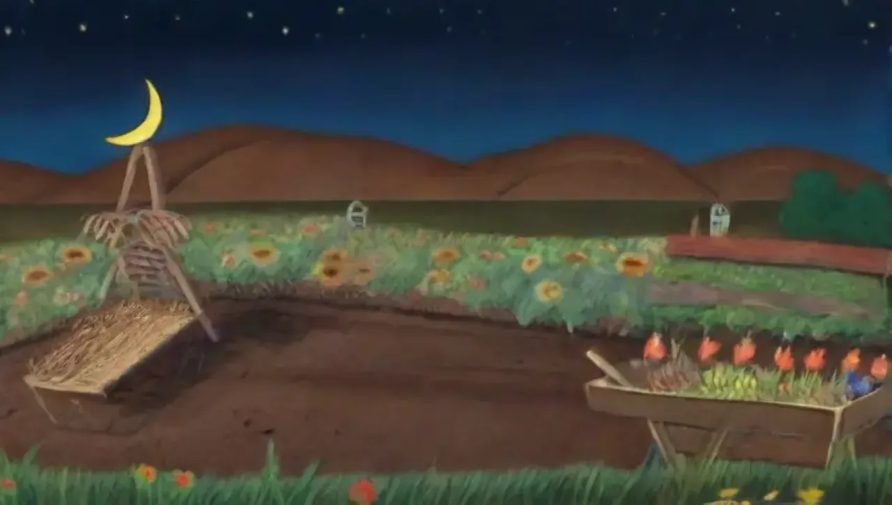 Un paisaje sereno con luna, campos verdes, flores vibrantes y la armonía entre el hombre y la tierra