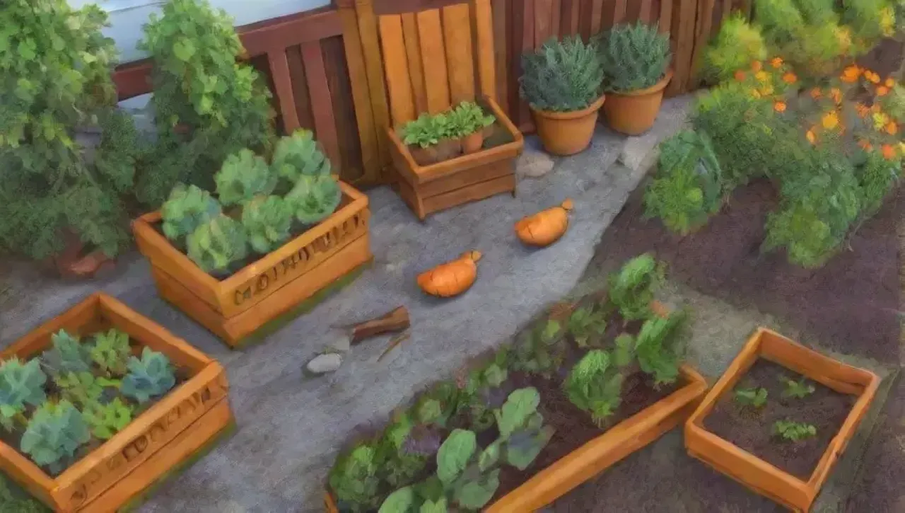 Un jardín colorido y vibrante lleno de plantas, flores, herramientas y un ambiente acogedor