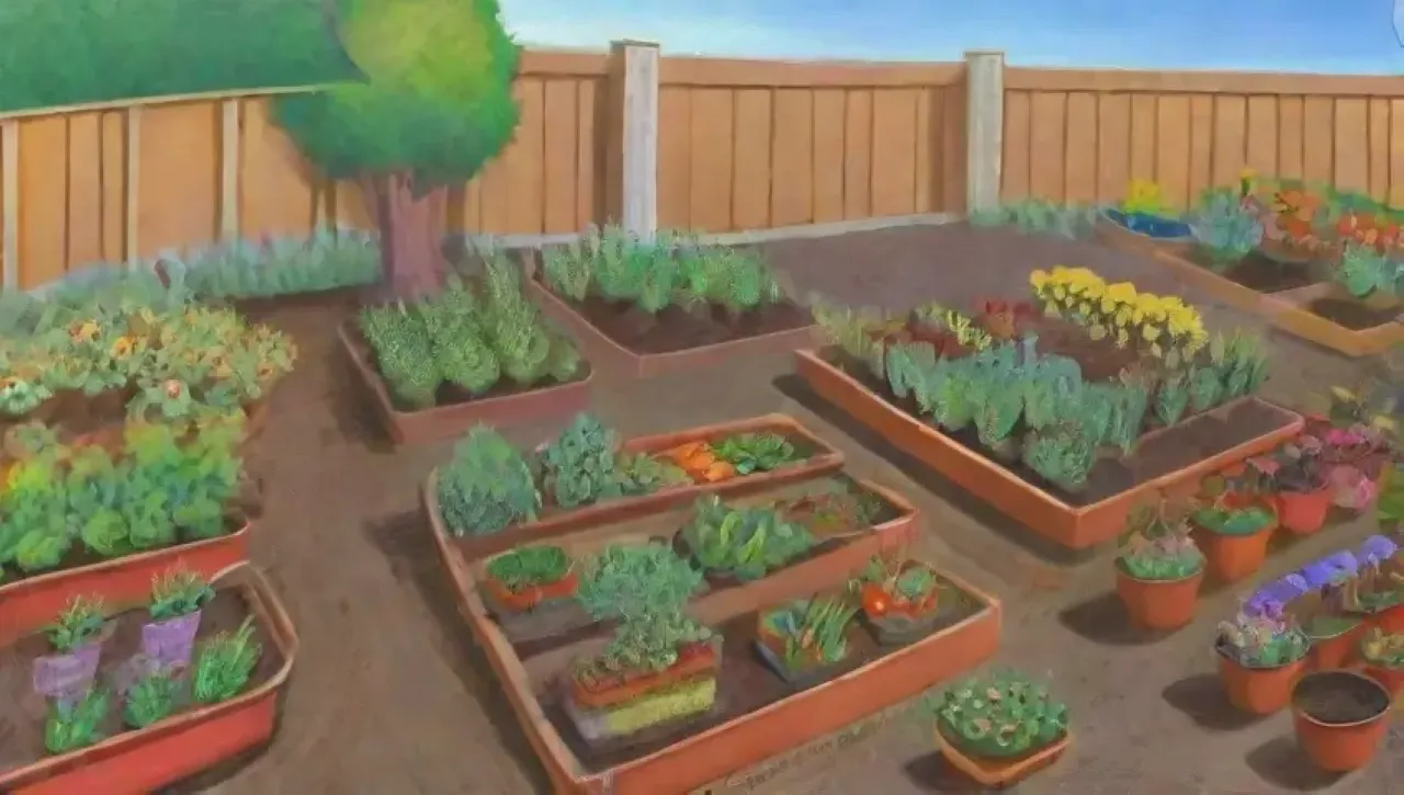 Un vibrante jardín comunitario lleno de risas, flores, verduras y actividades creativas