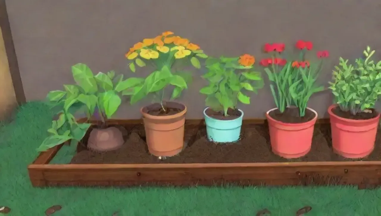 Un jardín vibrante con hojas verdes, flores, compost y vida silvestre