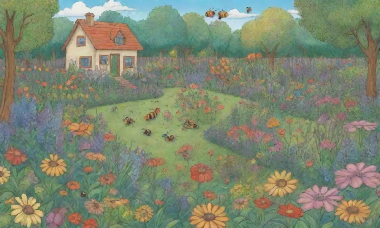 Escena de jardín colorido y vibrante con flores, abejas, mariposas y rica biodiversidad
